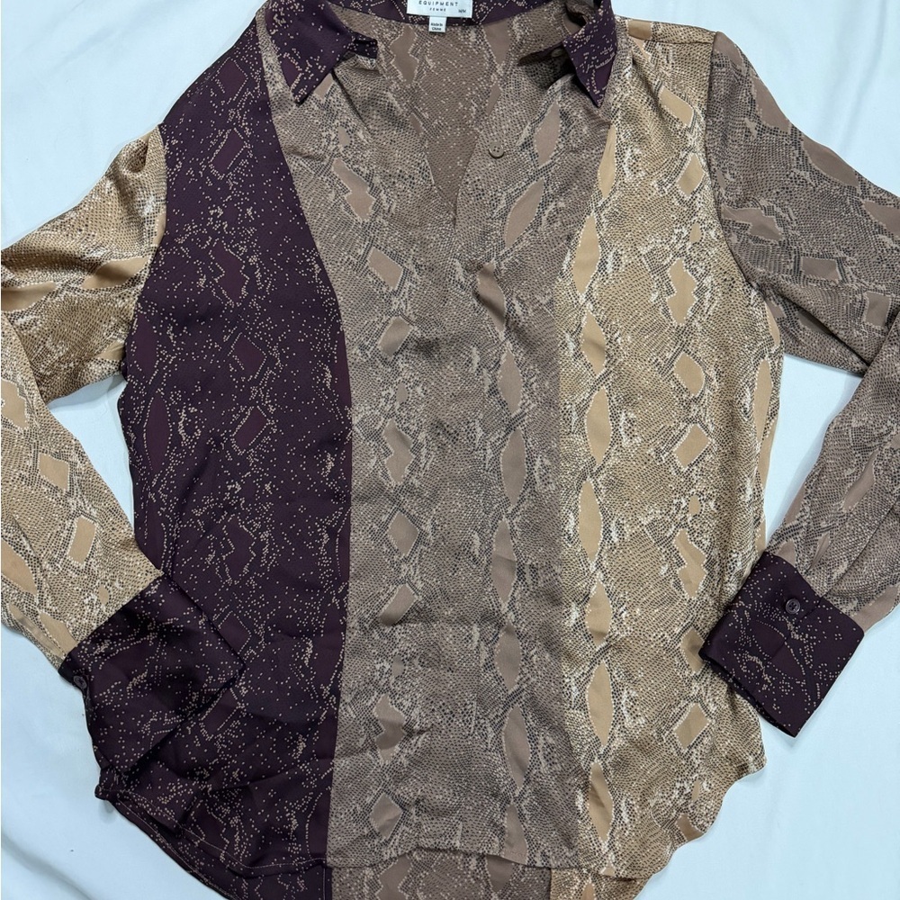 Equipment Silk Snake Print Button-Up Long Sleeve Blouse Brown Beige Purple